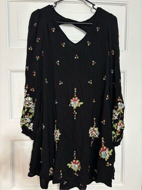 Free People Black Long-Sleeve Embroidered Boho Dress